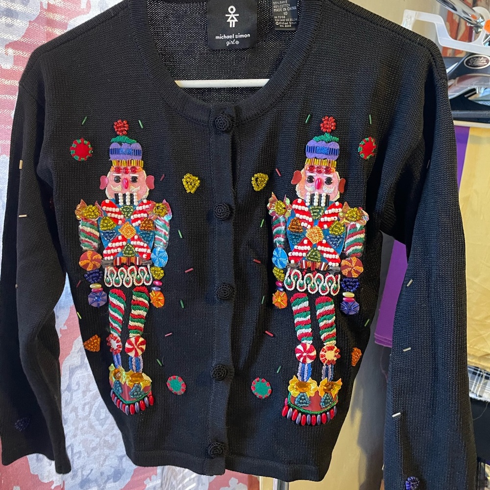 Michael Simon girl Vintage Christmas Sweater with Beautifully Beaded Nutcrackers
